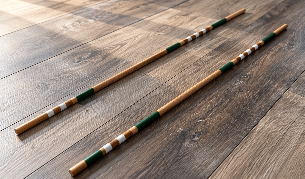 Pair of handmade ALIGND alignment sticks on a wooden floor